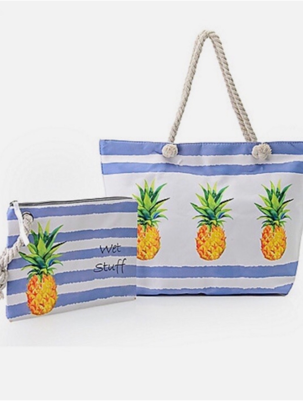 Striped Pineapple Tote and Pouch Set - Blue